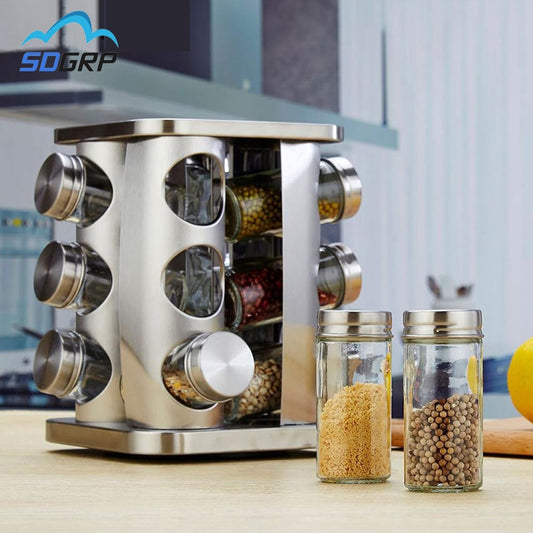 12pc Rotating Glass Spice Jar Organizer Set